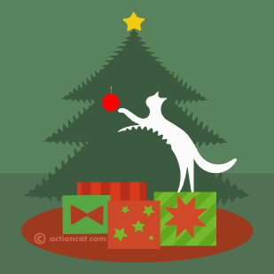 cat playing with a red ornament on a christmas tree