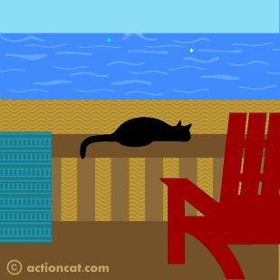 Cat sitting on a deck by the lake v2