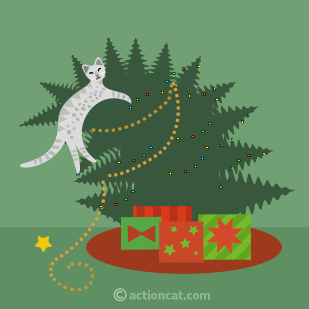 grey tabby in christmas tree with colored lights