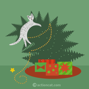 grey cat in christmas tree
