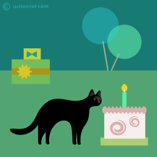 Black cat licking birthday cake - happy birthday.