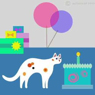 Calico cat licking birthday cake - happy birthday.