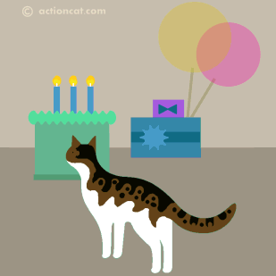 Mixed tabby cat licking birthday cake - happy birthday.