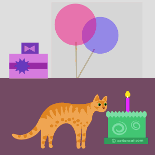 Orange cat licking birthday cake - happy birthday.