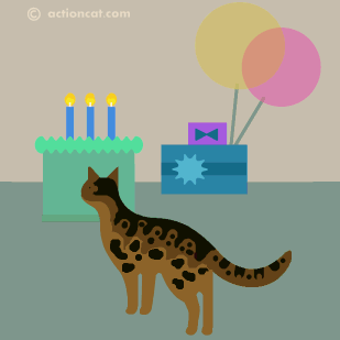 stripey cat licking birthday cake - happy birthday.