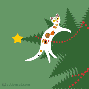 calico cat climbing a christmas tree